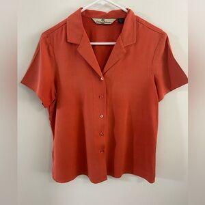 TOMMY BAHAMA Women's L 100% Silk Blouse Button Up Dark Coral Short Sleeve Shirt